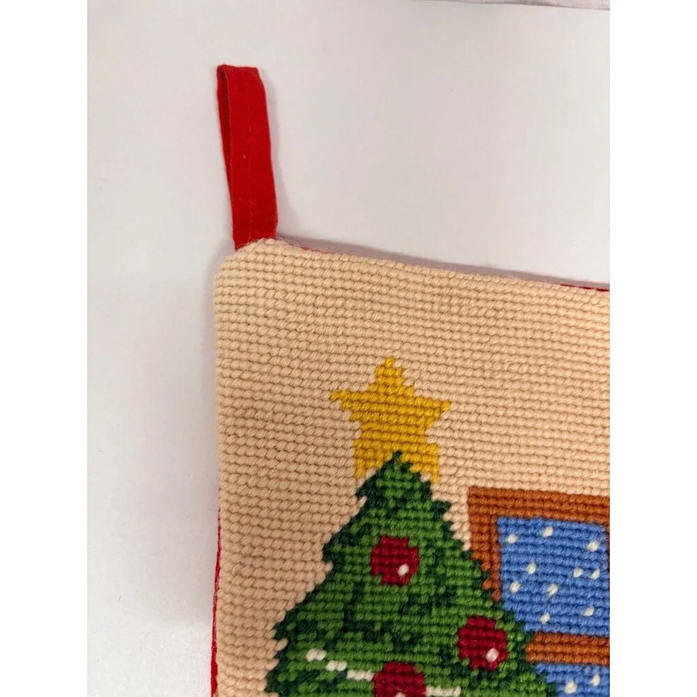 Vintage Wool Needle Point Christmas Stocking Red Velvet Rocking Horse 16”